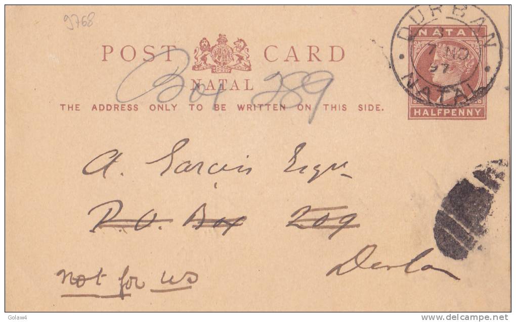 9768# NATAL ENTIER POSTAL STATIONARY Obl DURBAN 1897 VICTORIA - Natal (1857-1909)