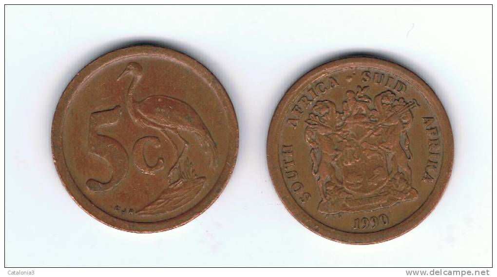 SUD AFRICA -   5  Cents  1990  KM134  - Grua Azul / Blue Crane - Animal Coin - South Africa