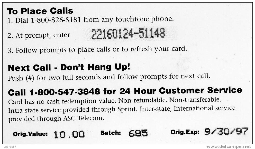 CARTE ASC TELECOM 10 $	30/09/1997 - Autres & Non Classés