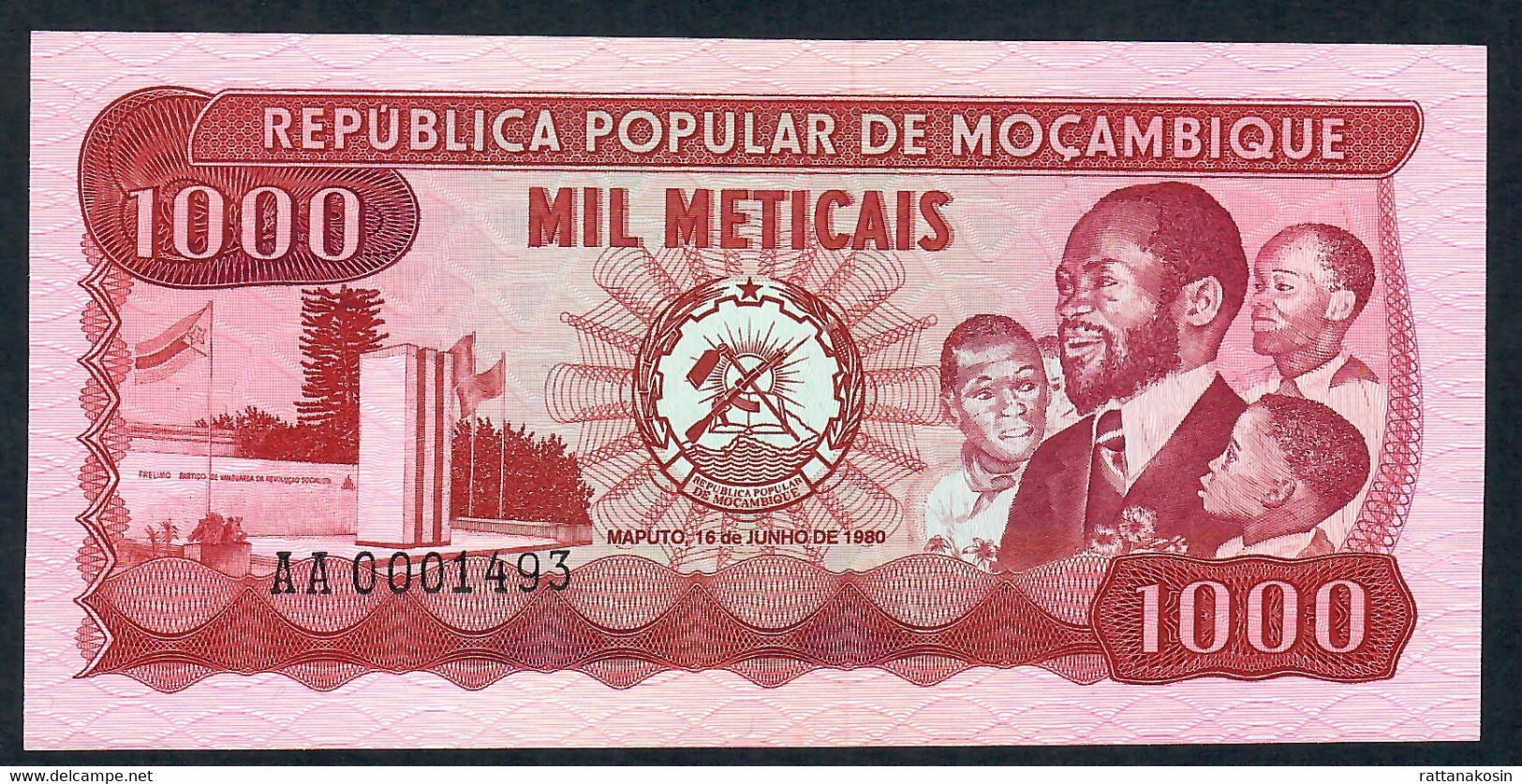 MOZAMBICA  P128  100  METICAIS   1980 Low Number  # AA 0001493    UNC. - Mozambique