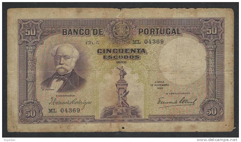 PORTUGAL &#9733; 50 Escudos &#9733; CH. 5 &#9733; 18.11.1932 &#9733; DUQUE De SALDANHA &#9733; P 146 &#9733; N.º ML 0436 - Portugal