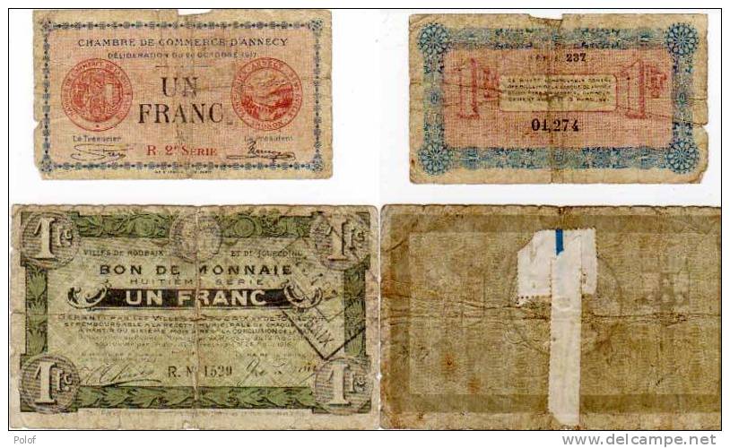 2 Billets - 1 Franc (Chambre De Commerce D' Annecy) 1 Franc (Bon De Monnaie Roubaix (55308) - Chambre De Commerce