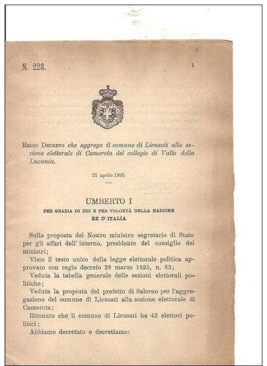 LICUSATI,  CAMEROTA, VALLO DELLA LUCANIA. AGGREGAZIONE  SEZIONI ELETTORALI-R.D.-N.228-189 5-279 - Historical Documents