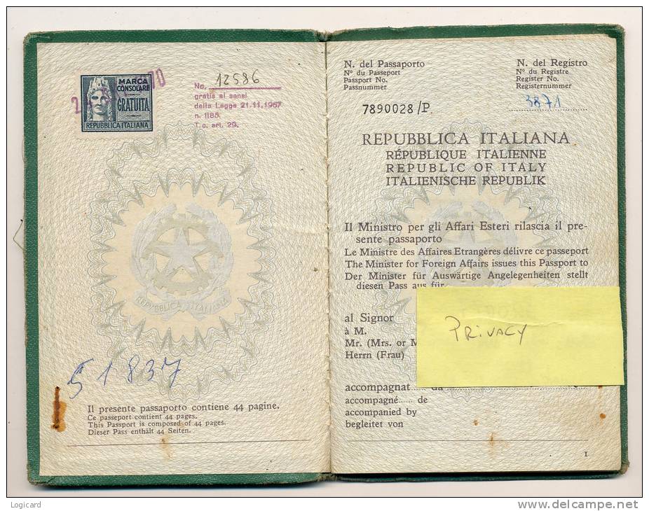 PASSAPORTO PER L´ESTERO CON MARCA DA BOLLO CONSOLARE 1970 - Documenti Storici