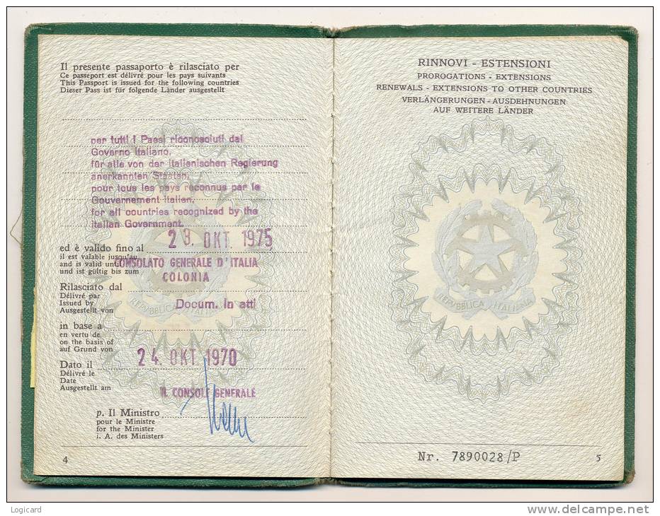 PASSAPORTO PER L´ESTERO CON MARCA DA BOLLO CONSOLARE 1970 - Documenti Storici