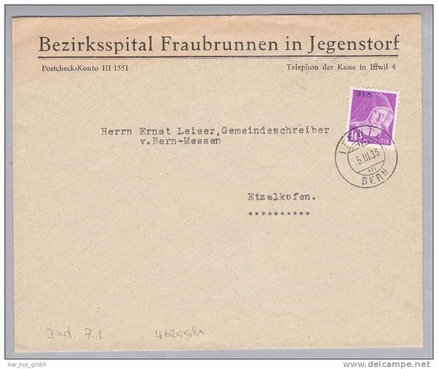 Heimat BE Iffwil 1935-03-05 Portofreiheitbrief Gr#315 Bez.spital Fraubrunnen Jegenstorf - Franchise