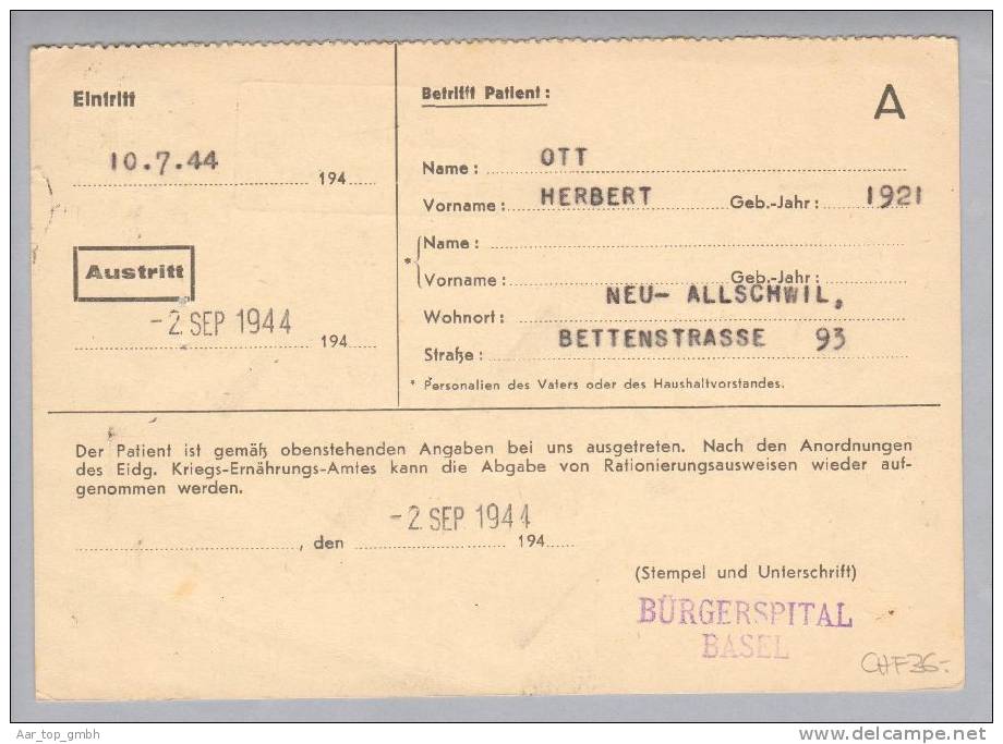 Schweiz Portofreiheit 1944-09-02 Basel Brief Mit Zu#15Ay Gr#502 Glattes Kreidepapier - Portofreiheit