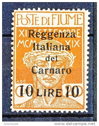 Fiume 1920 N 146 L. 10 Su C. 20 Ocra Sovrastampa Reggenza Italiana Del Carnaro MNH (Diena, BIONDI, SCOTTO) Cat. € 2225 - Fiume