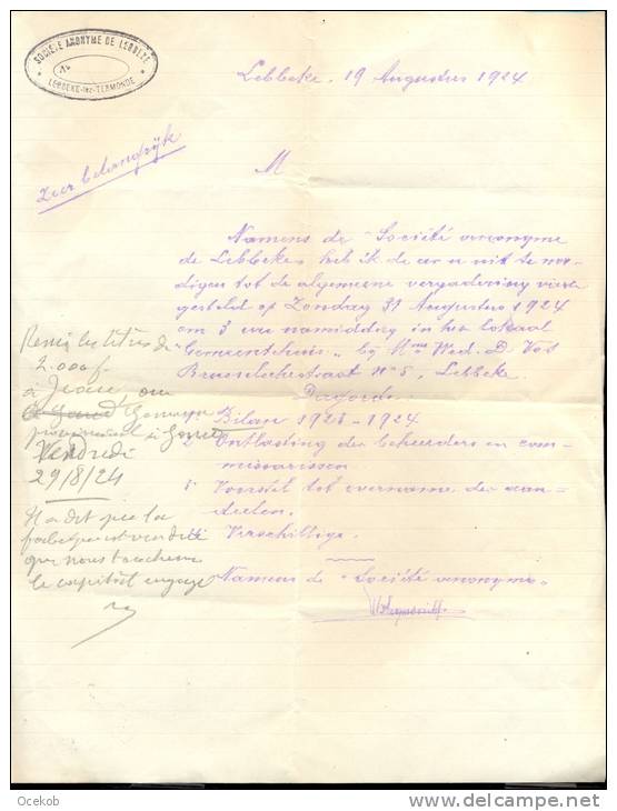 Factuur Brief Lettre S.A. De Lebbeke 19 - 8 - 1924 - 1900 – 1949