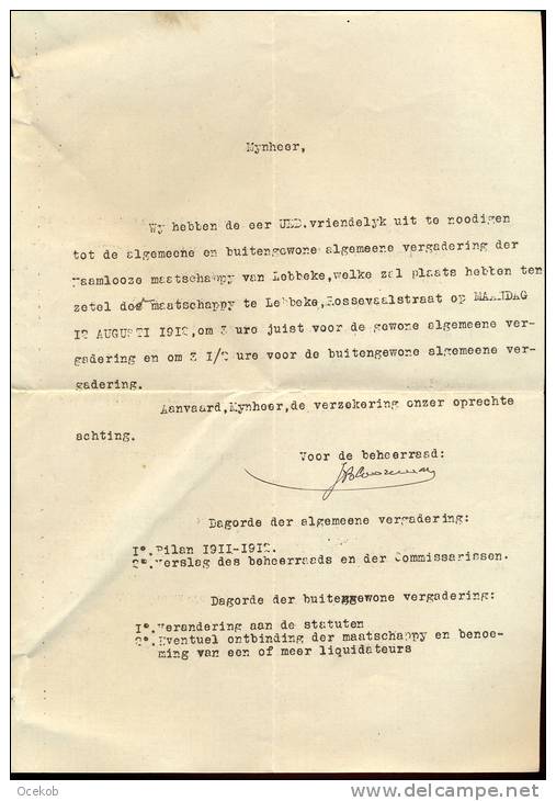 Factuur Brief Lettre S.A. De Lebbeke - Bilan Verslag Werkjaar 1911 - 1912 JB Cooreman - 1900 – 1949