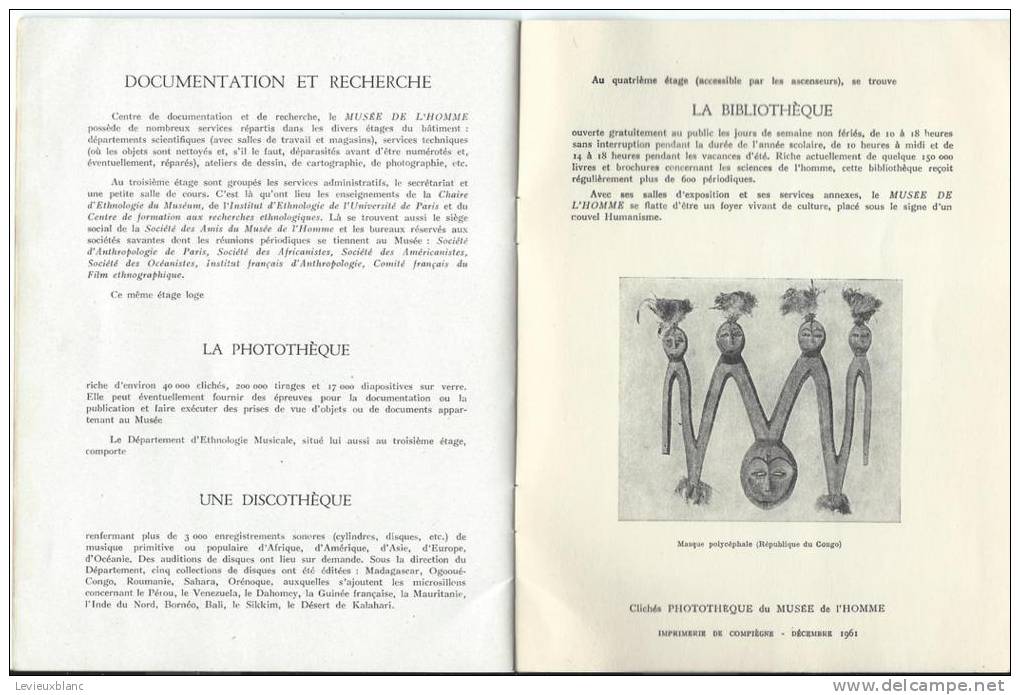 Guide /Musée De L'Homme/ Muséum National D'Histoire Naturelle / 1961       PGC38 - Autres & Non Classés