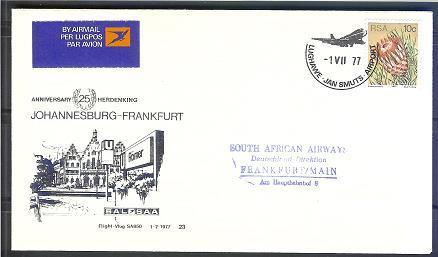 SOUTH AFRICA AIRWAYS 1977 Cover 23b JHB-Frankfurt F2230 - Airplanes