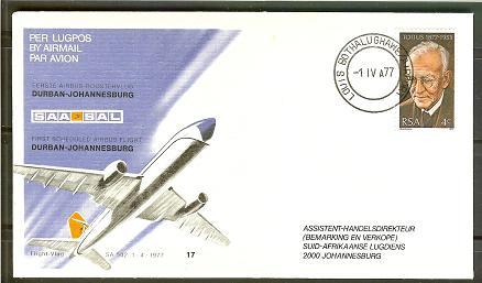 SOUTH AFRICA AIRWAYS 1977 Cover 17 Durban-JHB  F2223 - Airplanes