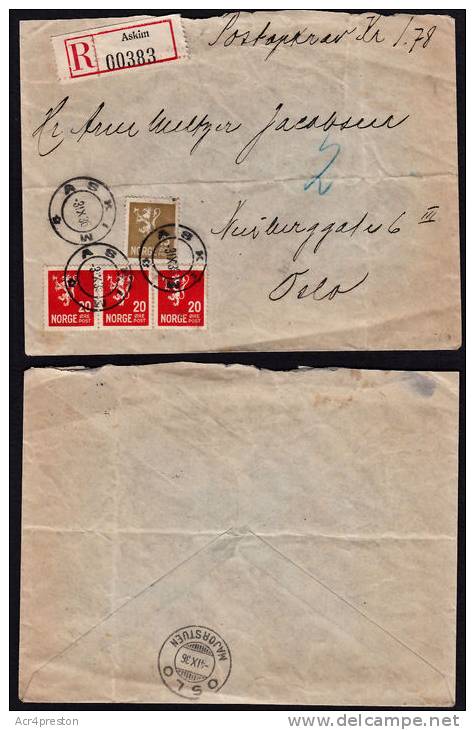 B5069 DENMARK 1936, Registered Cover Askim To Oslo - Covers & Documents