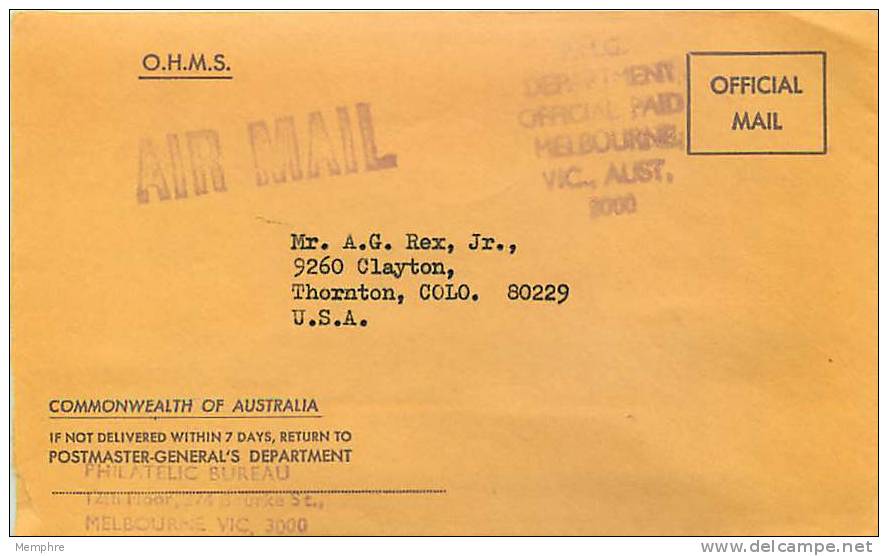 O.H.M.S. Enveloppe To USA  Endorsed &laquo;P.M.G. Department / OFFICIAL PAID / Melbourne - Cartas & Documentos