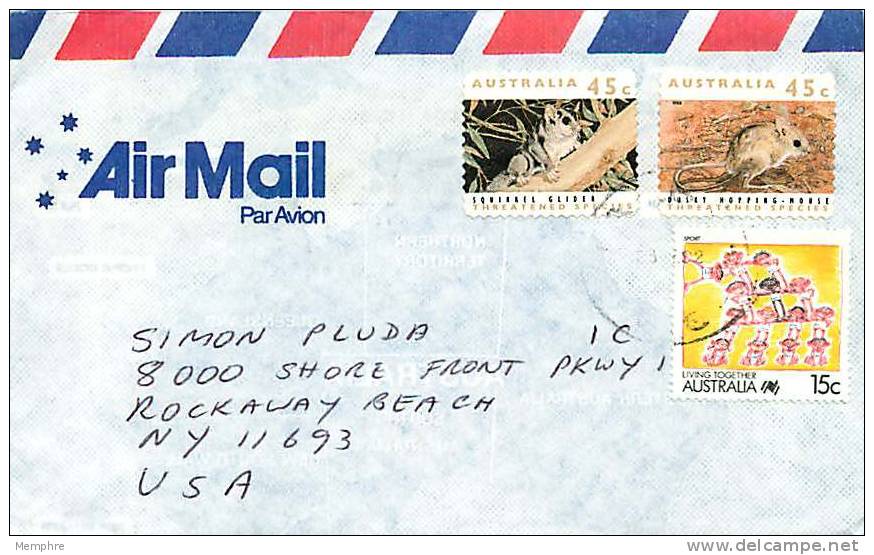 1992  Economy Air Letter To USA  15c Living Together: Sport  45c Endangered Species: Squirrel Glider, Dusk-Hopping Mouse - Storia Postale