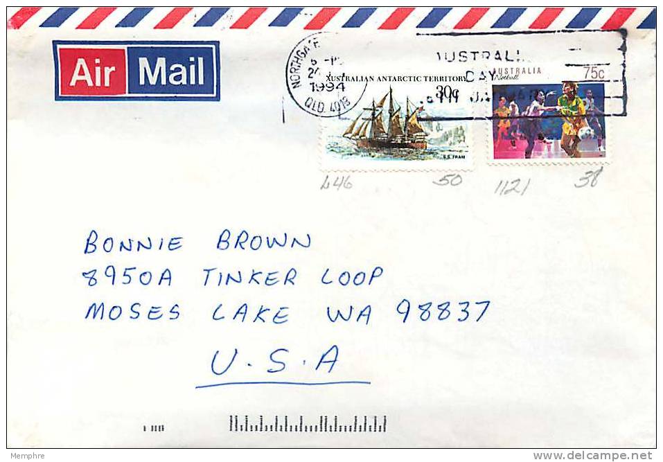 1994 Airmail Letter  To USA  Sports Series: 75c Netball; AAT 30c SS Pram - Covers & Documents