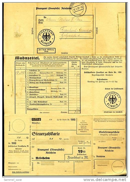 1937 Mahnzettel Mit Steuerzahlkarte - Unterhebstelle Fränkisch-Crumbach Odenwald - - Documenti Storici