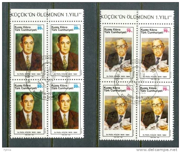 1985 NORTH CYPRUS 1ST DEATH ANNIVERSARY OF DR. FAZIL KUCUK BLOCK OF 4 MNH ** CTO - Unused Stamps