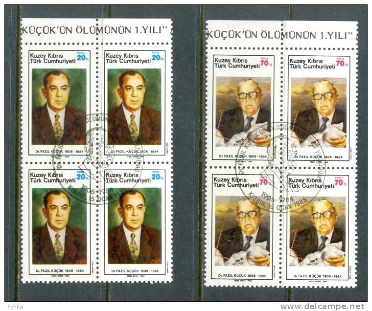 1985 NORTH CYPRUS 1ST DEATH ANNIVERSARY OF DR. FAZIL KUCUK BLOCK OF 4 MNH ** CTO - Neufs