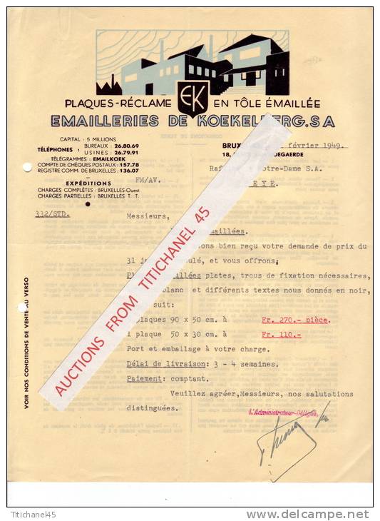 Lettre De 1949 - BRUXELLES - EMAILLERIES DE KOEKELBERG - Plaques-réclame En Tôle émaillée - Autres & Non Classés