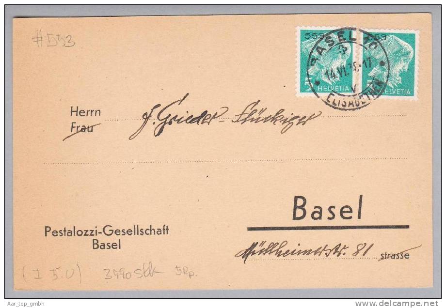 BS Basel 10 Elisabethen 1938-06-14 Portofreiheitskarte Mit 2x Zu#14Az Gr#553 5Rp. 3590 Stk. Pestalozzi-Ges.Basel - Franchise