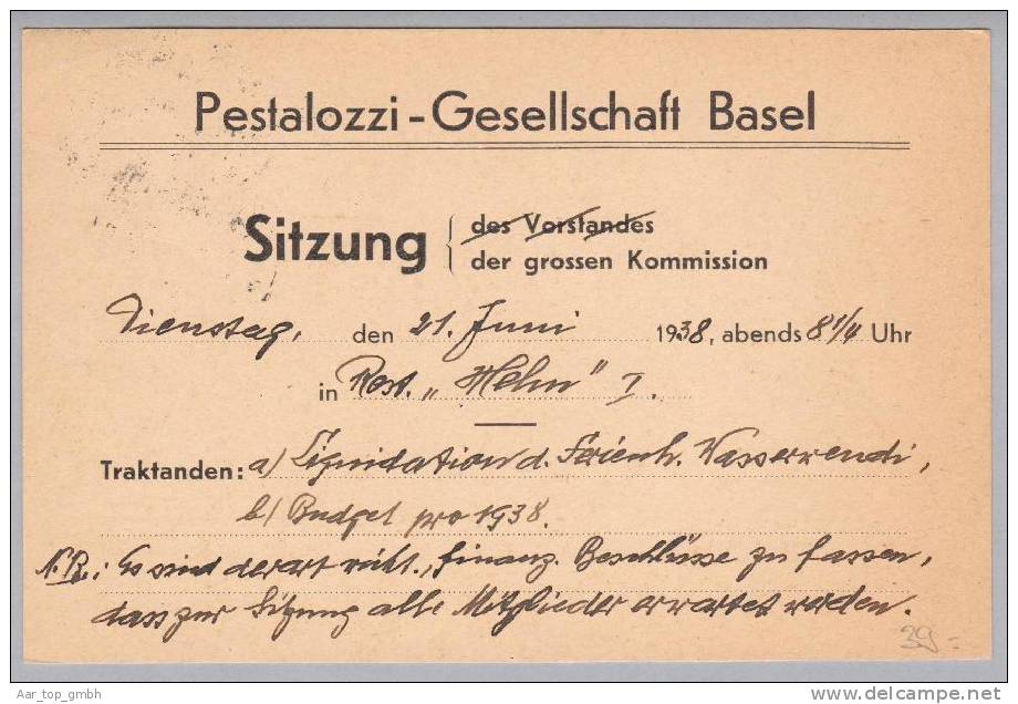BS Basel 10 Elisabethen 1938-06-14 Portofreiheitskarte Mit 2x Zu#14Az Gr#553 5Rp. 3590 Stk. Pestalozzi-Ges.Basel - Franchise