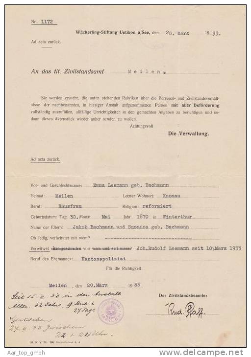 Heimat ZH Uetikon Am See 1933-03-20 Portofreiheit-Brief M.Zu#12A Gr#824 10Rp. 4000Stk Wäckerling-Stiftung - Vrijstelling Van Portkosten