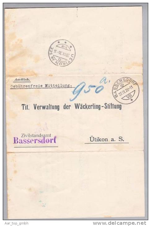 Heimat ZH Uetikon Am See 1926-11-23 Portofreiheit-Brief Zu#10 Gr#824 20Rp. 550Stk Wäckerling-Stiftung - Portofreiheit