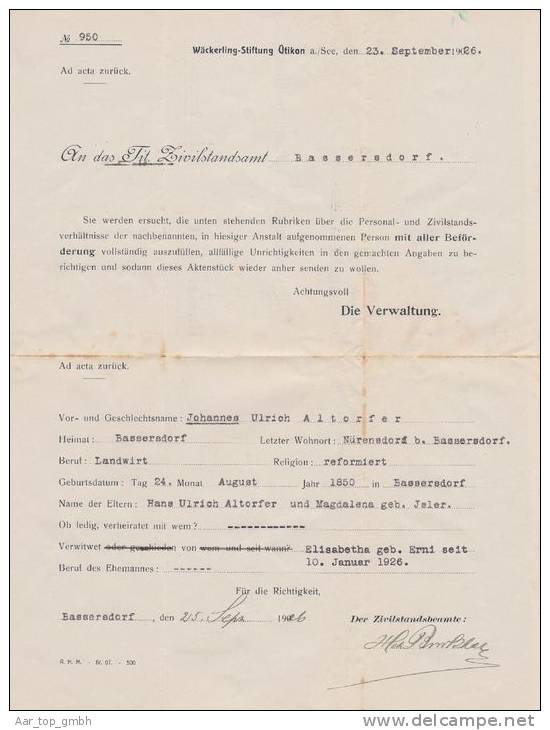 Heimat ZH Uetikon Am See 1926-11-23 Portofreiheit-Brief Zu#10 Gr#824 20Rp. 550Stk Wäckerling-Stiftung - Franchise