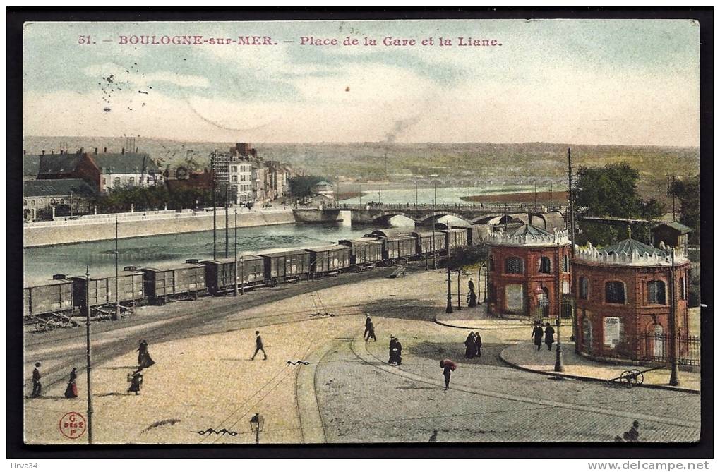 CPA ANCIENNE- FRANCE- BOULOGNE-SUR-MER (62)- PLACE DE LA GARE ET LA LIANE- TRAIN EN GROS PLAN- PONT- BELLE ANIMATION - Boulogne Sur Mer