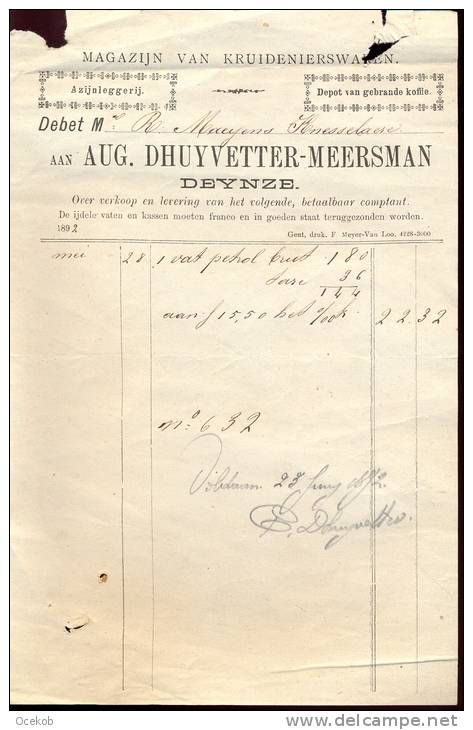 Factuur Aug. D´Huyvetter Meersman Deinze - Kruidenierswaren 1892 - 1900 – 1949