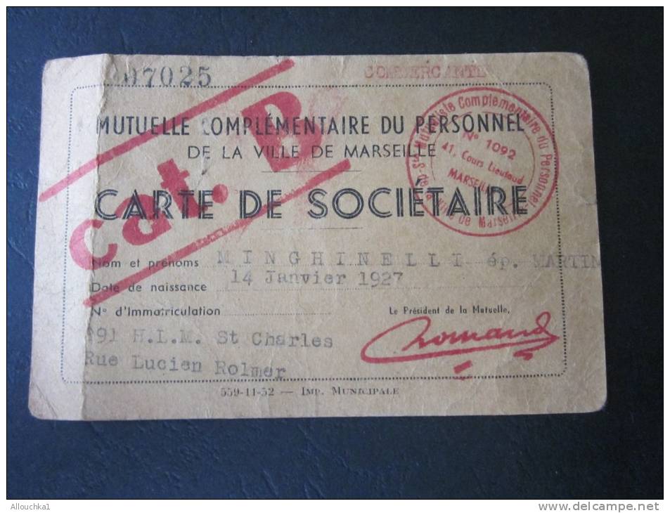 Carte De La Mutuelle Complémentaire Du Personnel De La Ville De Marseille (cartes De Sociétaires 14 Janvier 1927 Corsica - Otros & Sin Clasificación