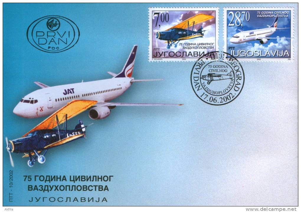 Yugoslavia, 2002, 75th Anniv. Of Civil Aviation, FDC - FDC