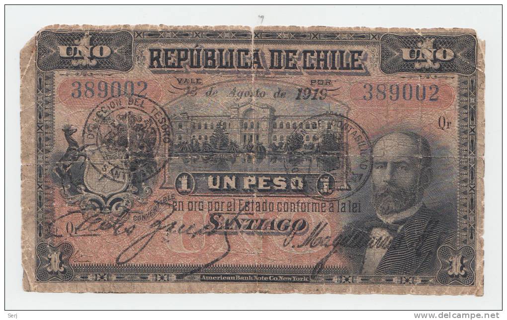 CHILE 1 PESO 1919 G-VG P 15b  15 B - Chile