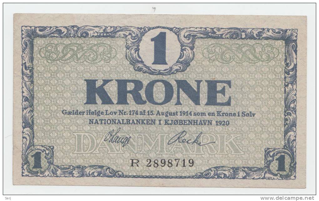 Denmark 1 Krone 1920 VF+ Crispy Banknote P 12e 12 E - Dinamarca