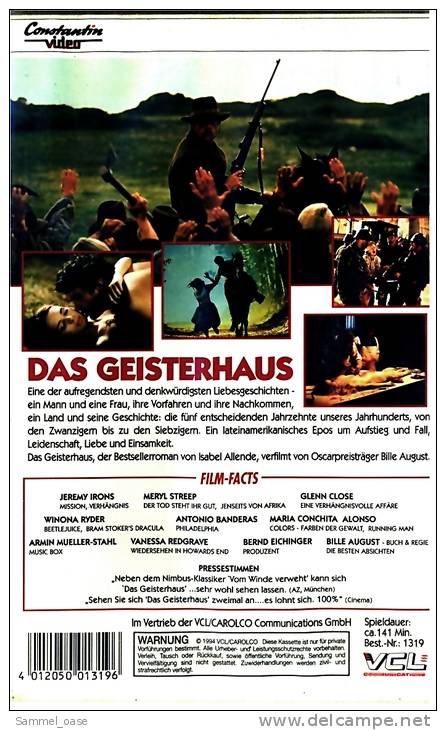 VHS Video Drama  -  Das Geisterhaus   -  Mit Close, Glenn; Streep, Meryl; Ryder, Winona; Banderas, Antonio  -  Von 1994 - Dramma