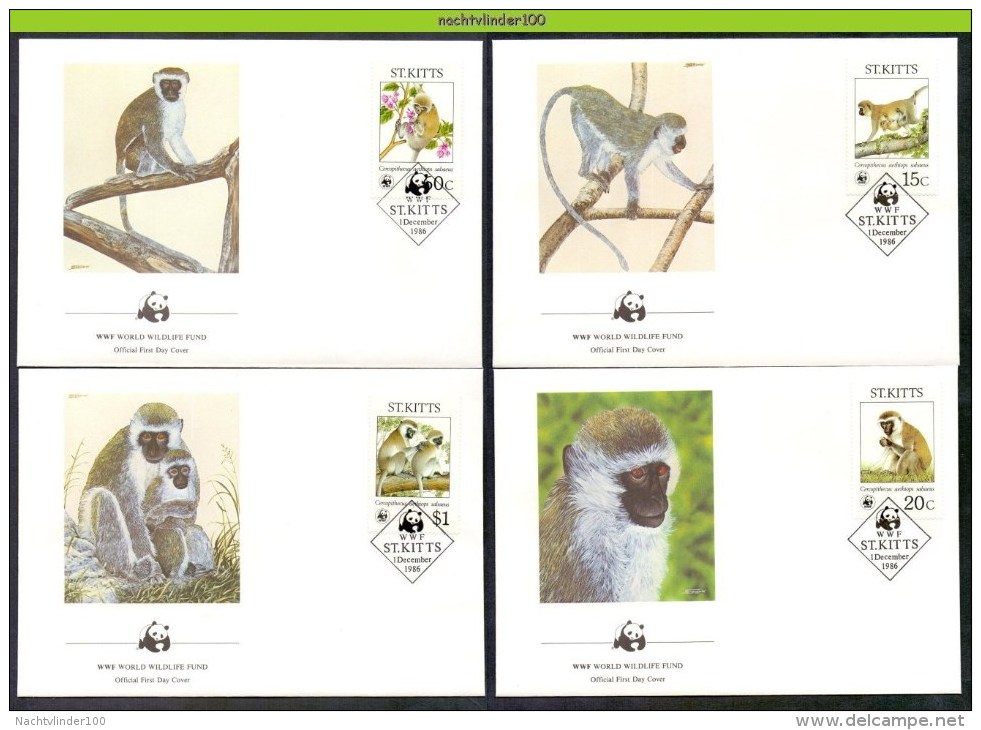 Mki043fb WWF FAUNA APEN AAP Groene Meerkat GREEN MONKEY MAMMALS AFFEN ST. KITTS 1986 FDC'S - FDC