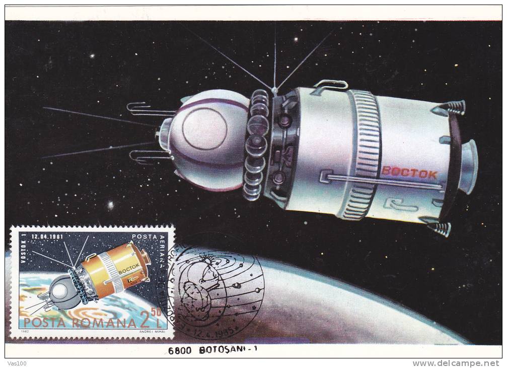 ESPACE, COSMOS, VOSTOK-1, CM, MAXICARD, CARTES MAXIMUM, 1985, ROMANIA - Russie & URSS