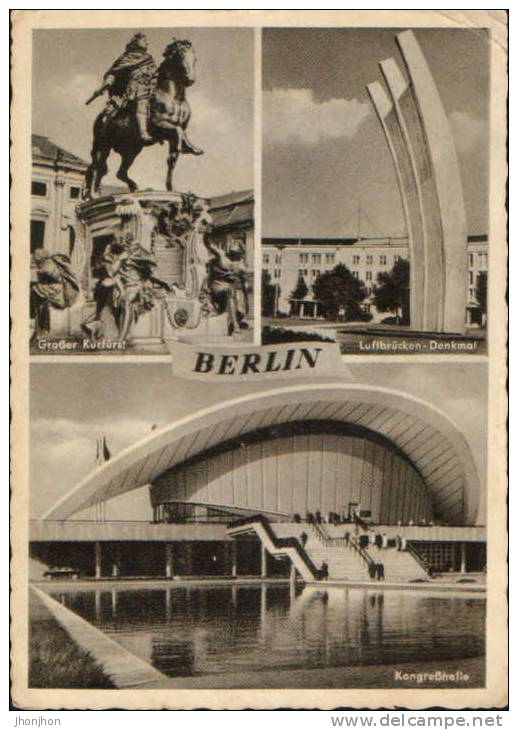 Germany-Postcard 1958-Berlin-Great Elector And  Airlift Monument-2/scans - Tempelhof