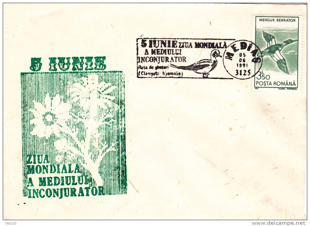 OISEAUX, BIRDS, INTENATIONAL ENVIRONEMET'S DAY, SPECIAL COVER, OBLIT CONC, 1991, ROMANIA - Cisnes