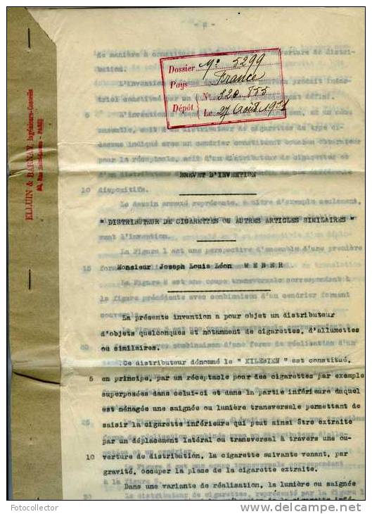 Brevet D'invention  "Distributeur De Cigarettes Ou Autres Articles Similaires" 1931 - Documents