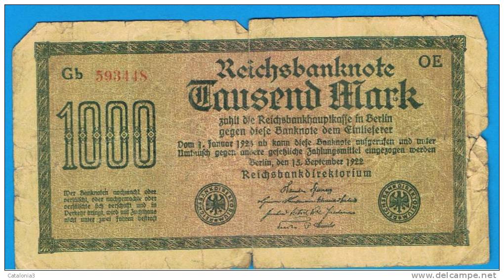 ALEMANIA - GERMANY -  1000 Mark 1922  Circulado P-76 Serie OE - Administration De La Dette