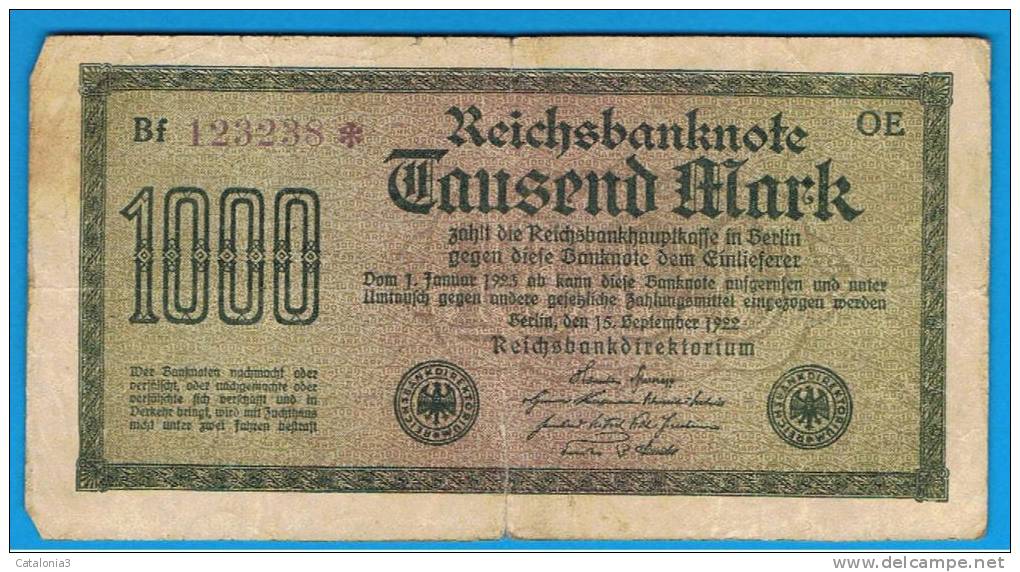 ALEMANIA - GERMANY -  1000 Mark 1922  Circulado P-76 Serie OE - Administración De La Deuda