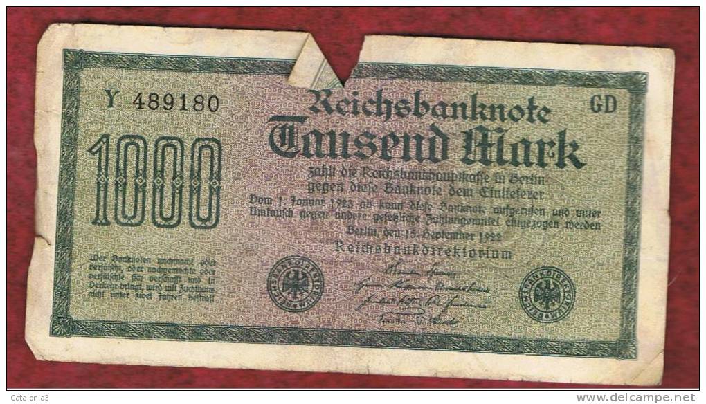 ALEMANIA - GERMANY -  1000 Mark 1922  Circulado P-76 Serie GD - Administración De La Deuda