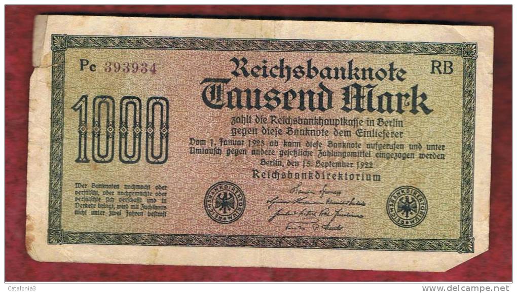 ALEMANIA - GERMANY -  1000 Mark 1922  Circulado P-76 Serie  RB - Administración De La Deuda