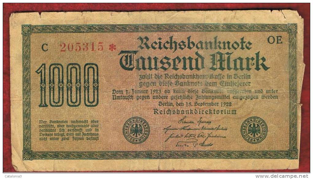 ALEMANIA - GERMANY -  1000 Mark 1922  Circulado P-76 Serie  OE - C - Administración De La Deuda