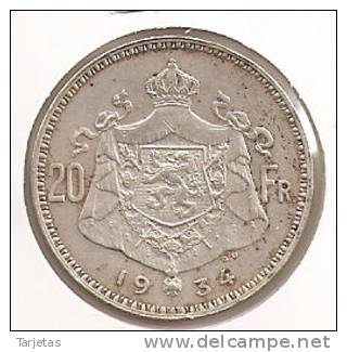 MONEDA DE PLATA DE BELGICA DE 20 FRANCOS DEL AÑO 1934  (COIN) SILVER-ARGENT - 20 Frank & 4 Belgas