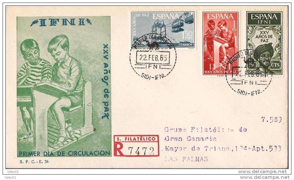 IFSPD209-LC3178TI.Spain.E Spagne.Sobre Primer Dia,SPD, De IFNI A Las Palmas..25 Años De Paz..1953.(Ed 209/11).MUY BONITA - Ifni