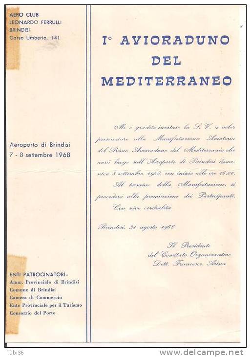 1` AVIORADUNO DEL MEDITERRANEO, AERO CLUB  BRINDISI 1968, INVITO  E PROGRAMMA, - Advertisements